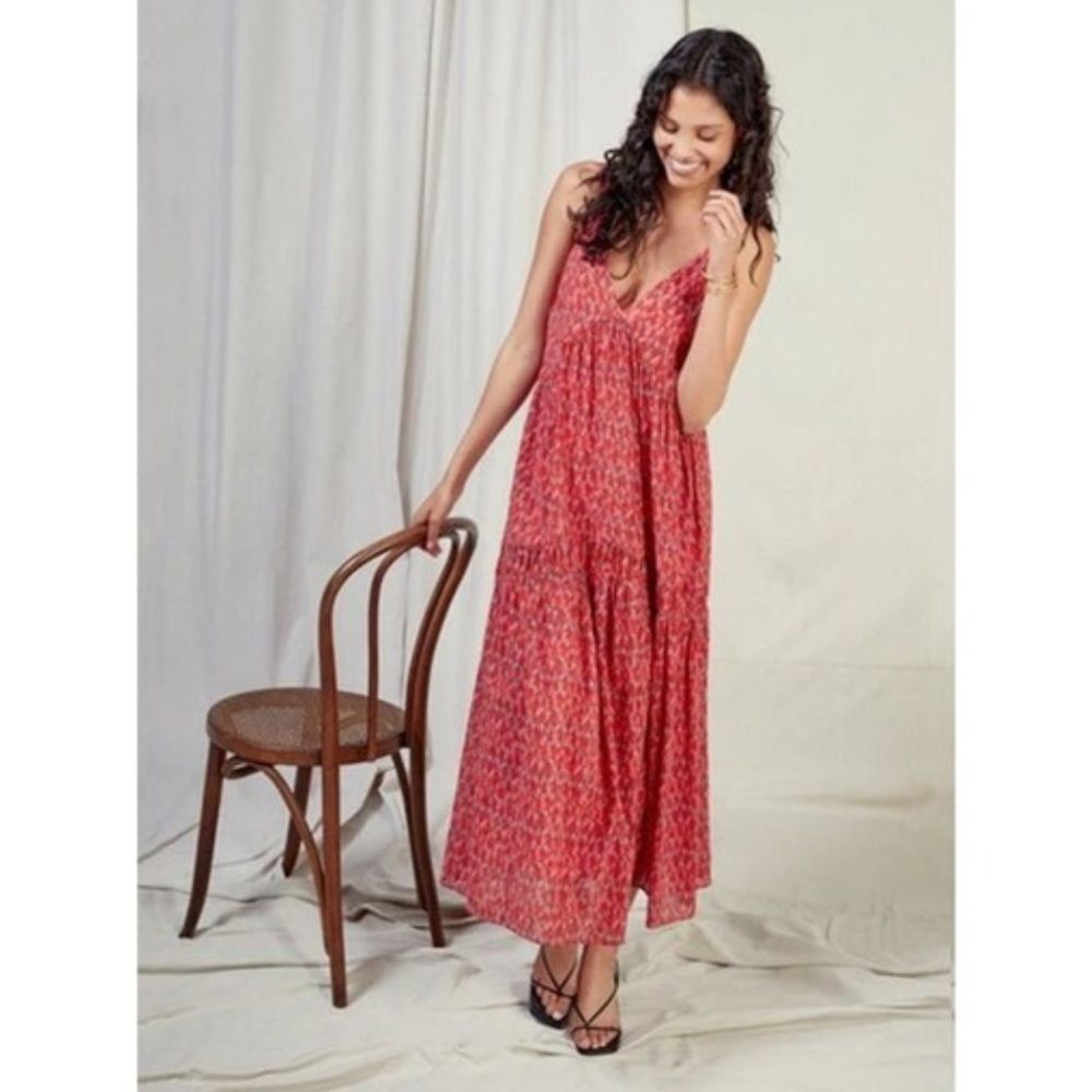 Joie Red Tea Rose Printed Bondi Tiered Cotton Summer Boho Midi Dress - Picture 3 of 6
